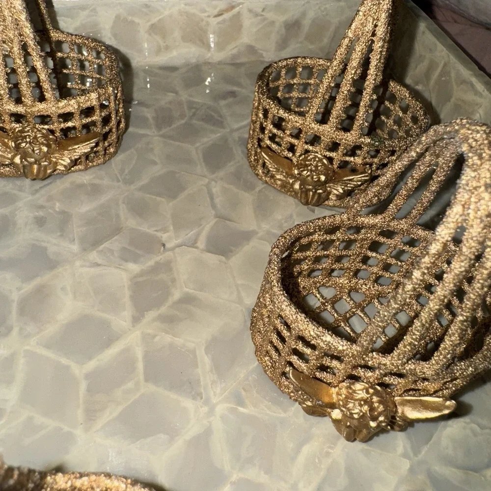 Gold Painted Napkin Ring Baskets With Cherub